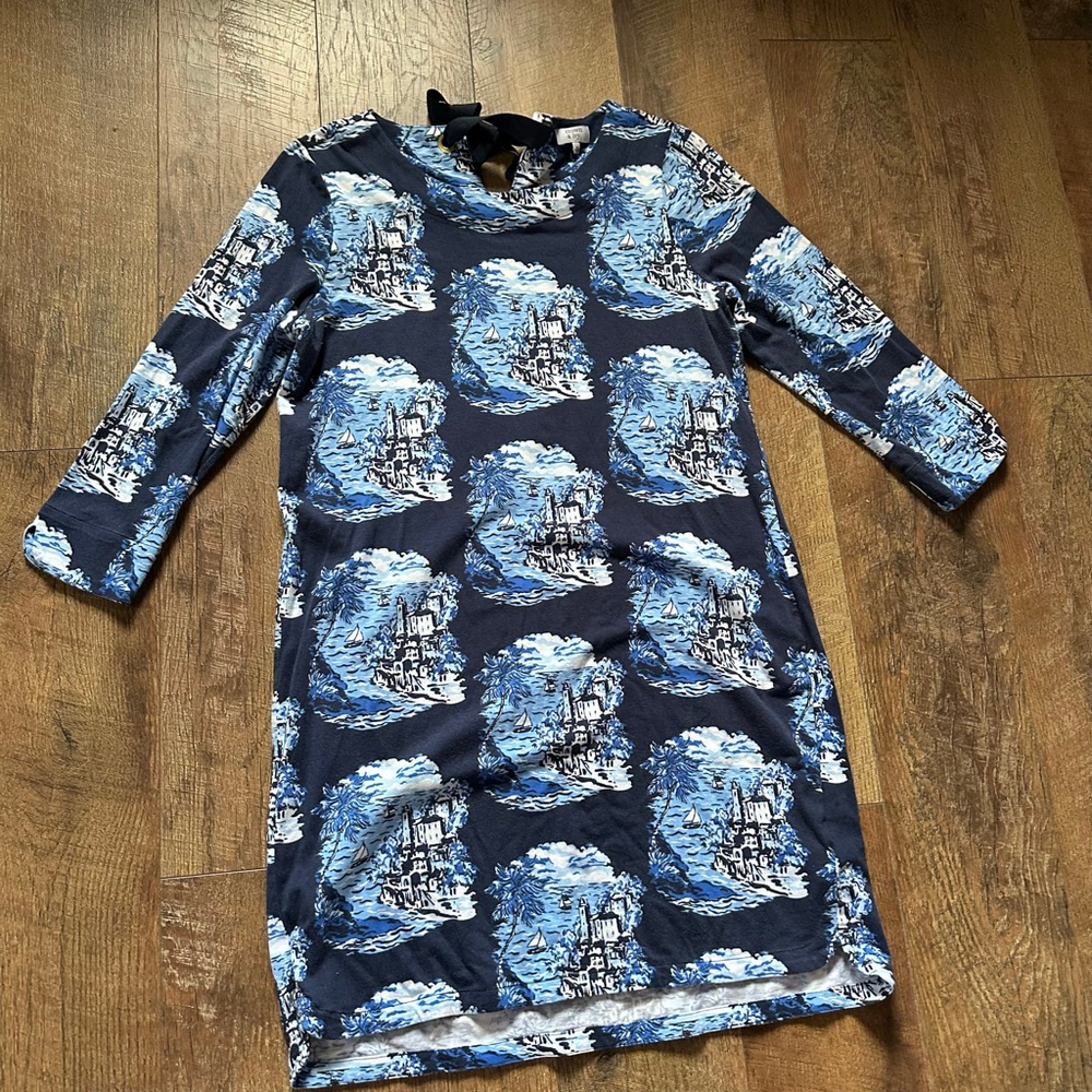 Women's Crown & Ivy Long Sleeve Dress M Blue White Coastal Print